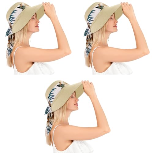 PALAY® Womens Straw Hat for Summer Wide Brim Sun Hats with Print Ribbon Fashion Beach Ladies Beige UV Protection Cap Lightweight Breathable 3 PCS PALAY® Womens Straw Hat for Summer Wide Brim Sun Hats with Print Ribbon Fashion Beach Ladies Beige UV Protection Cap Lightweight Breathable 3 PCS
